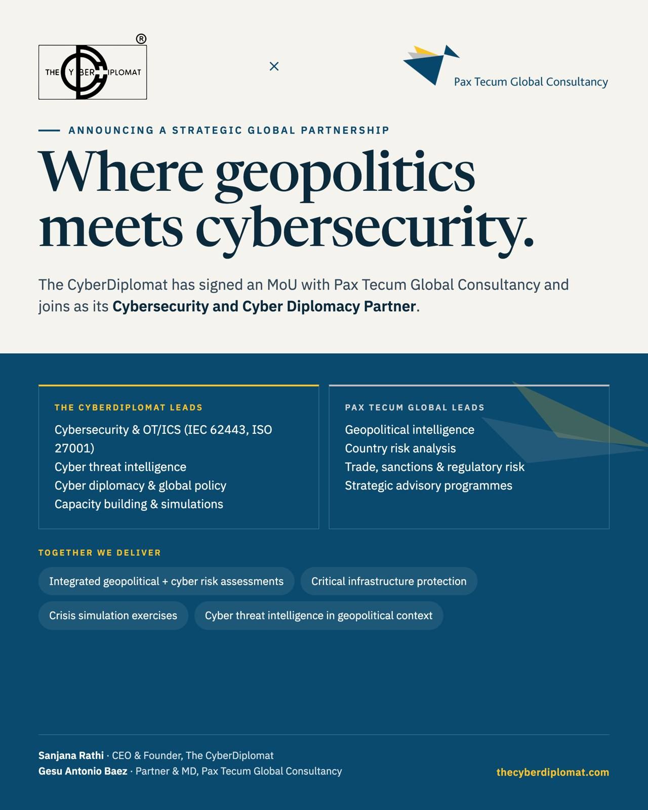 Anuncio de la alianza estratégica entre The CyberDiplomat y Pax Tecum Global Consultancy