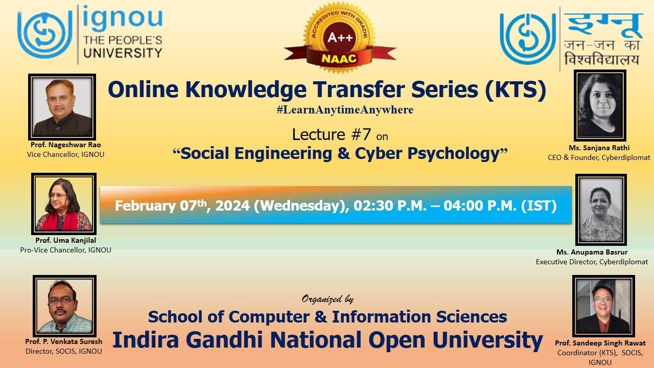 Afiche de la conferencia de la Knowledge Transfer Series de IGNOU: Social Engineering & Cyber Psychology