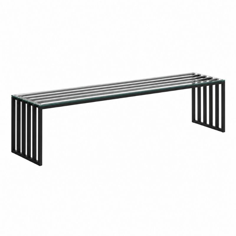 Akon Minimalist TV Cabinet with a clear glass top and black metal frame featuring vertical slatted sides
