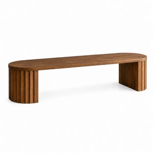 Modern solid wood dining bench with a curved top and slatted base