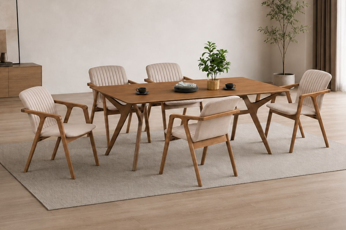 Monviso solid wood dining table set with upholstered armchairs in modern Scandinavian design