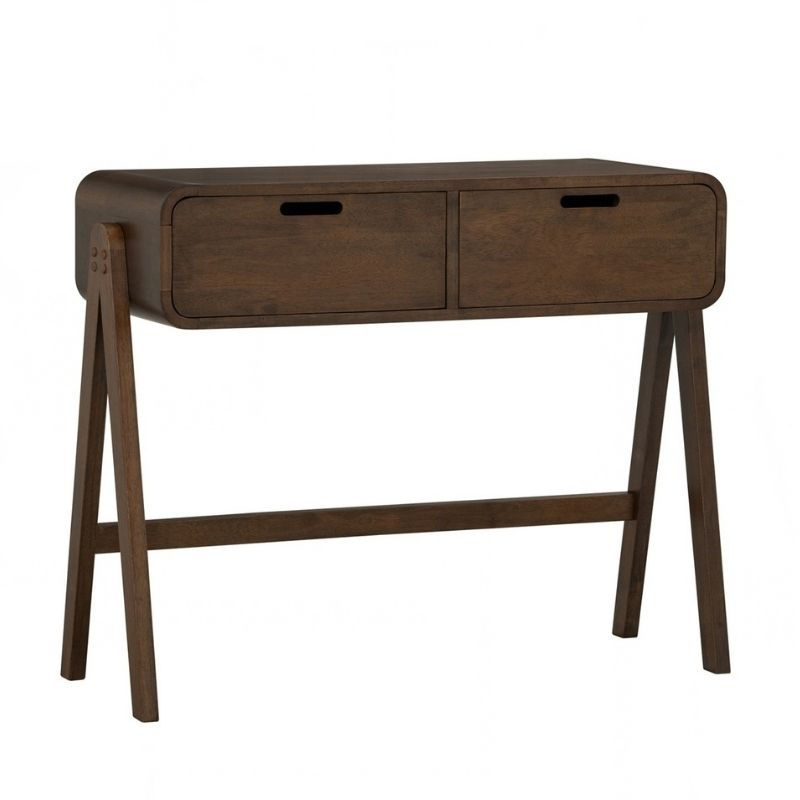 Vangus Console Table in walnut finish with two drawers and tapered legs