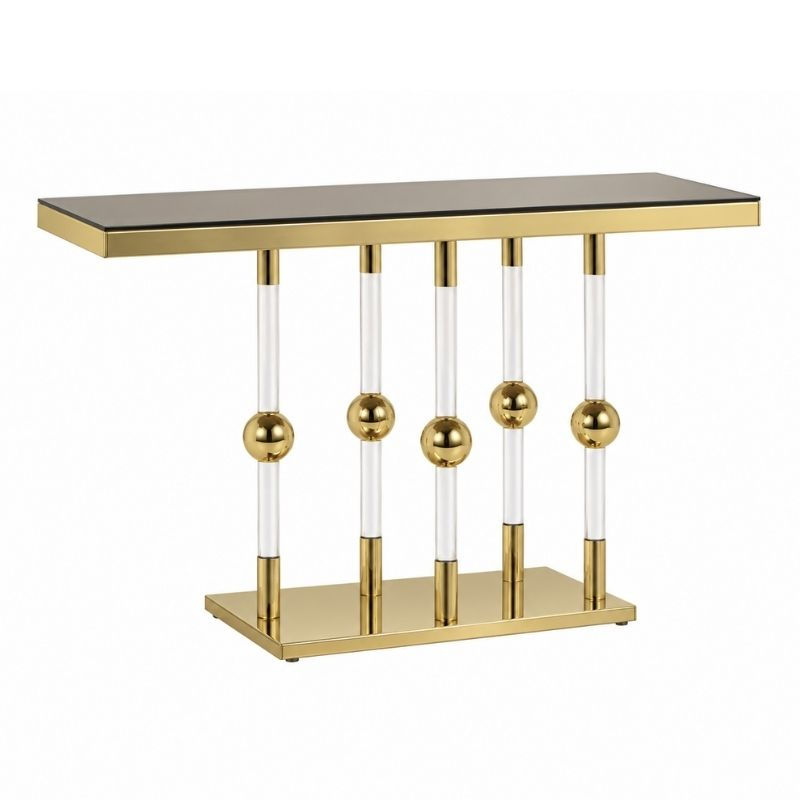 X2 Luxury Console Table with gold frame, clear acrylic rods and gold sphere detailing