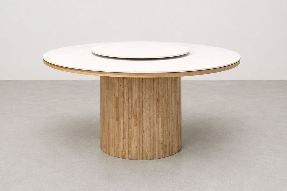 Mojji Round Sintered Stone Dining Table with Lazy Susan and Natural Fluted Pedestal Base
