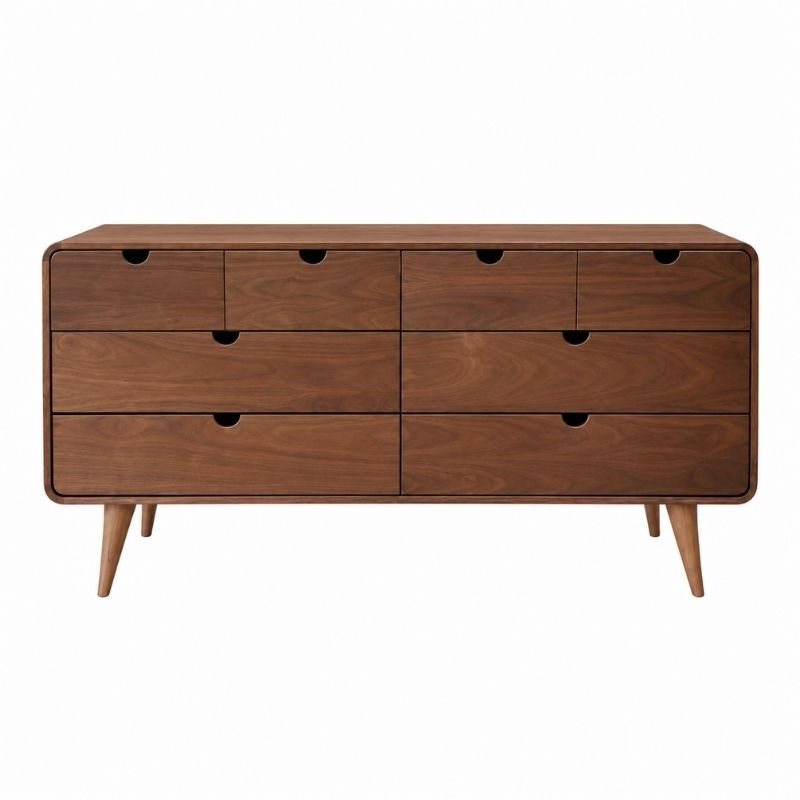 Khayu Sideboard front view showing six drawers with recessed finger pulls and a rounded frame