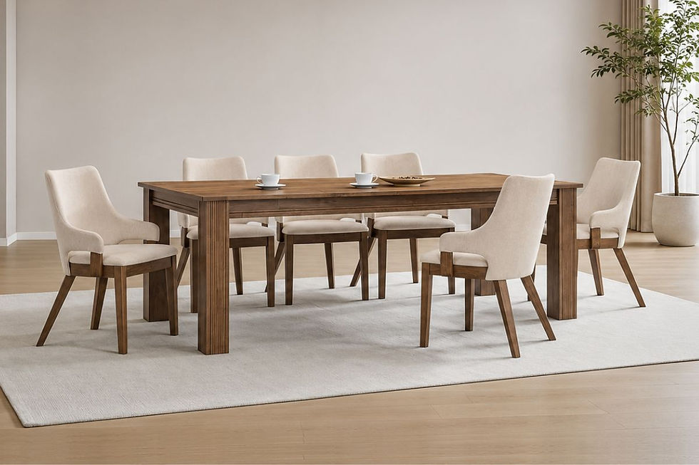 Jainero 8 Seater Solid Wood Dining Table Set with Beige Upholstered Chairs in Walnut Finish for Modern Dining Room