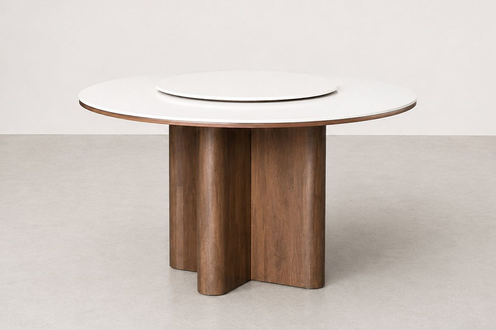 Vince Round Sintered Stone Dining Table with matte white sintered stone top, lazy Susan and walnut wood pedestal