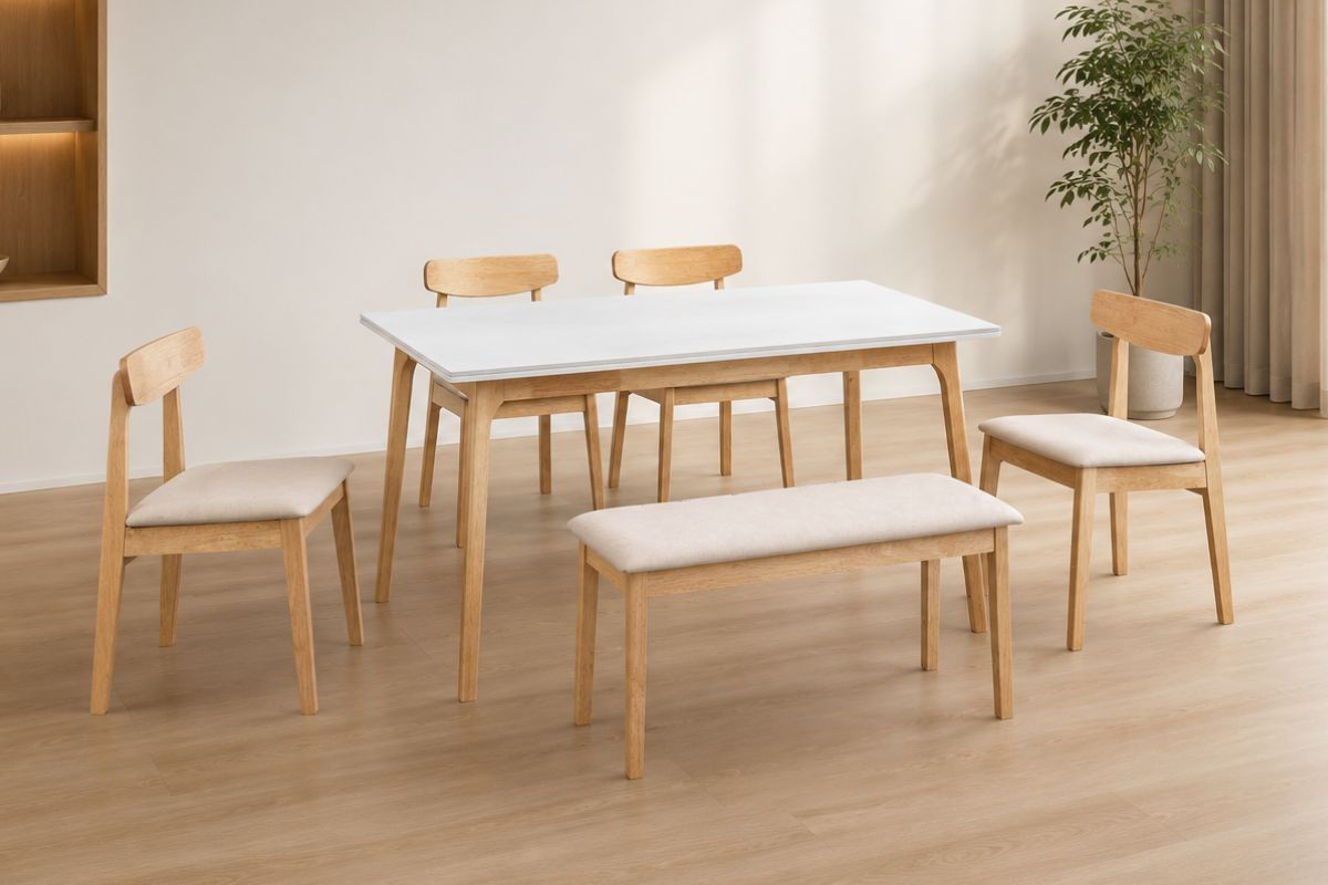 Loreva Sintered Stone Dining Table Set with Bench featuring a durable sintered stone tabletop