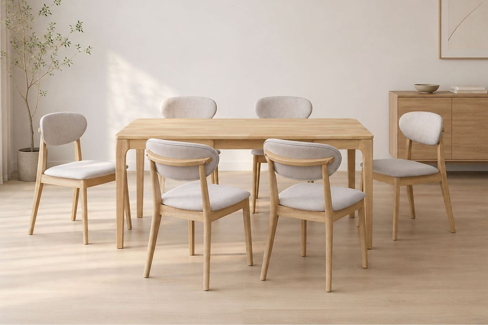 Aria 6 Seater Solid Wood Dining Table Set with natural finish and upholstered dining chairs in a modern minimalist design