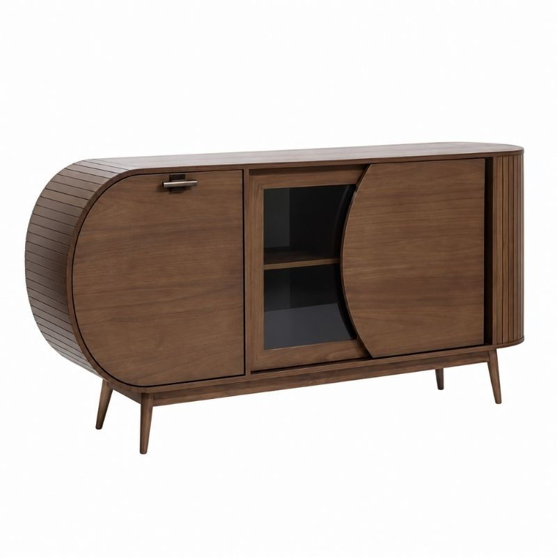 Turin Curve Sideboard in walnut ash veneer with rounded edges, curved sliding doors.