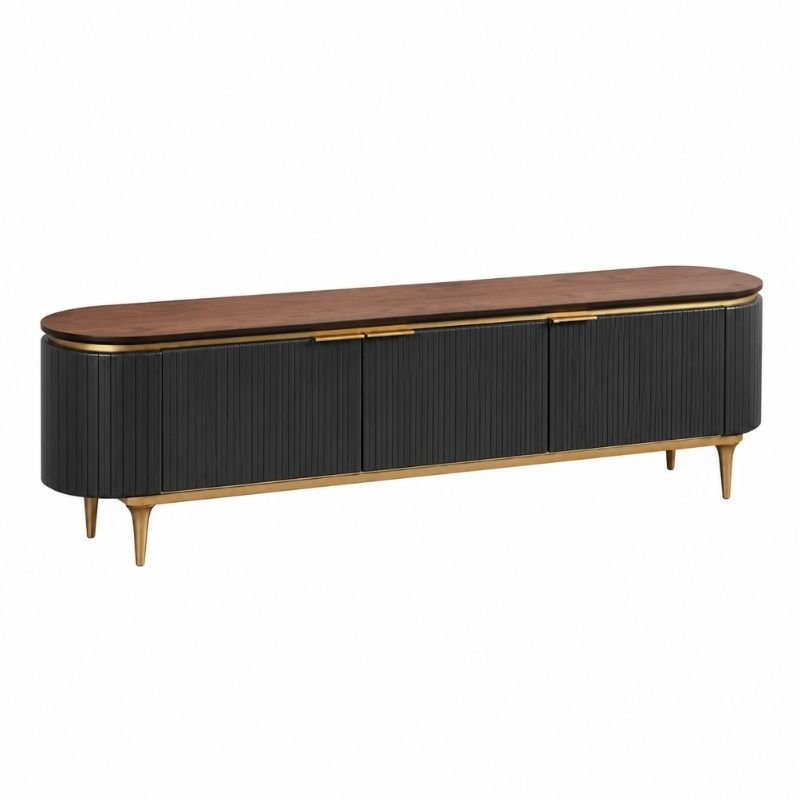 Morris TV Cabinet with dark grey vertical fluted doors, a walnut-tone top, gold-tone accents and tapered rubber wood legs