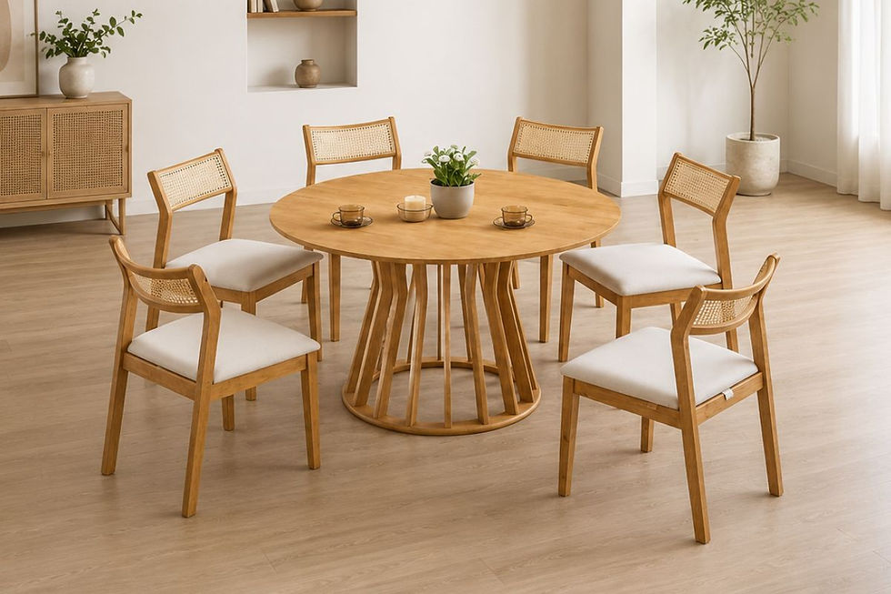 Joreno Muji Round Solid Wood Dining Table Set with Rattan Dining Chairs