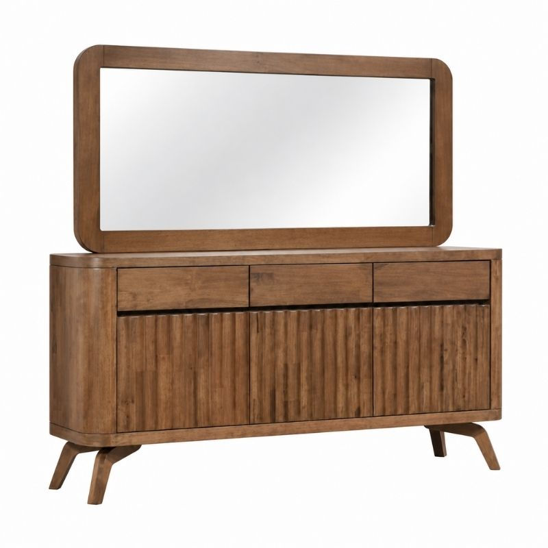 Heston Sideboard with Mirror in walnut finish, featuring three top drawers, three lower swing doors, fluted detailing