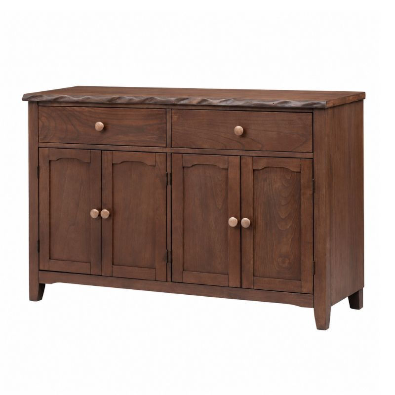 Alasko Farmhouse Sideboard showing its Walnut wood finish, four cabinet doors, two drawers and solid wood construction