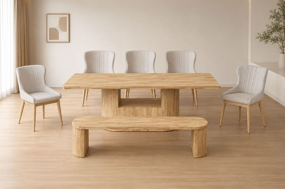 Ryan Solid Wood Dining Table Set with Bench featuring a natural finish, modern pedestal base, and upholstered dining chairs