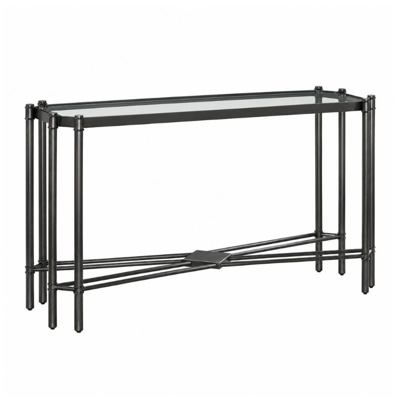 Vittorio Tempered Glass Console Table with grey-finish titanium frame