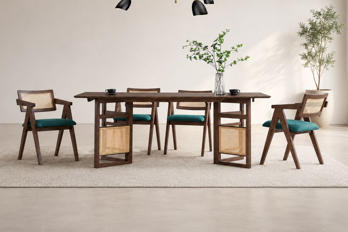 Mitchell Rattan Dining Table Set with solid wood frame and woven rattan chairs, modern dining furniture for contemporary home