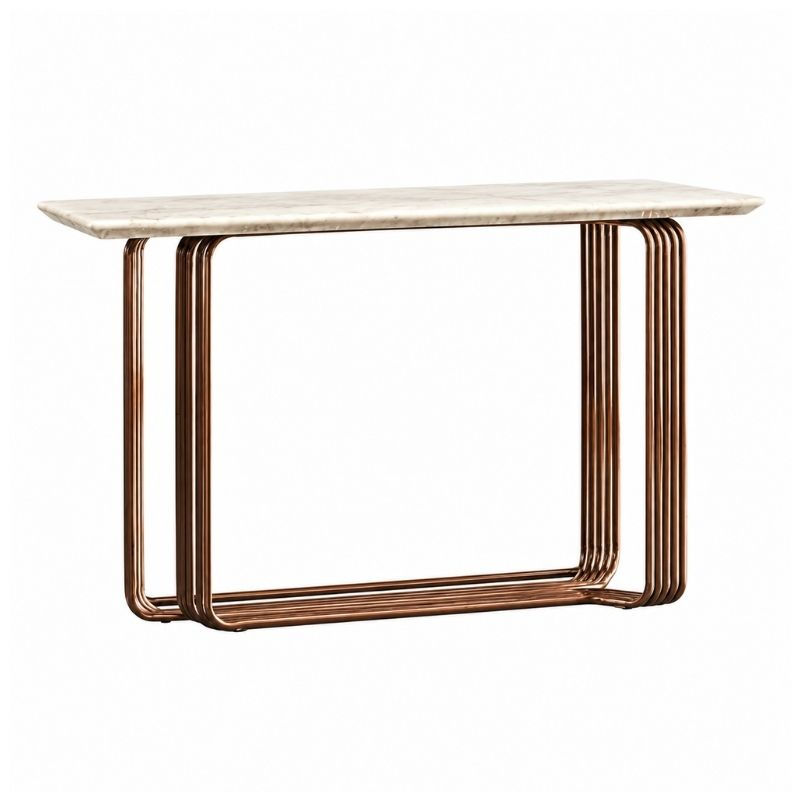 Tozier Marble Console Table with marble tabletop and gloss rose gold-finish metal frame