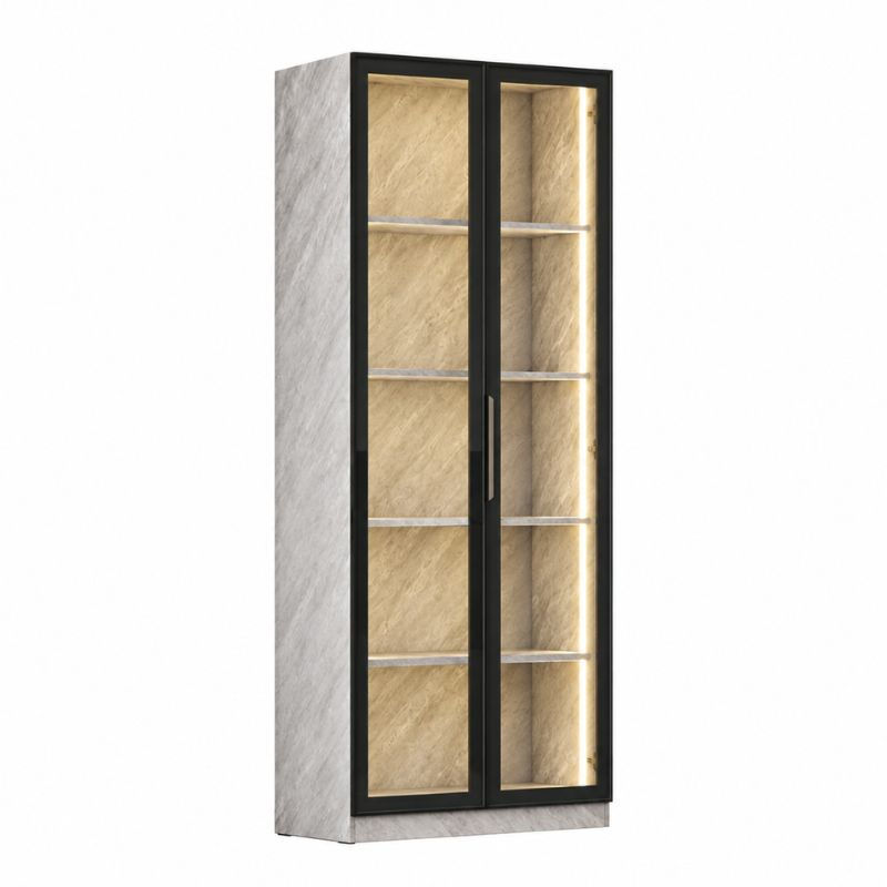 MX930 Book Cabinet in Marble Grey with glass doors and LED lighting