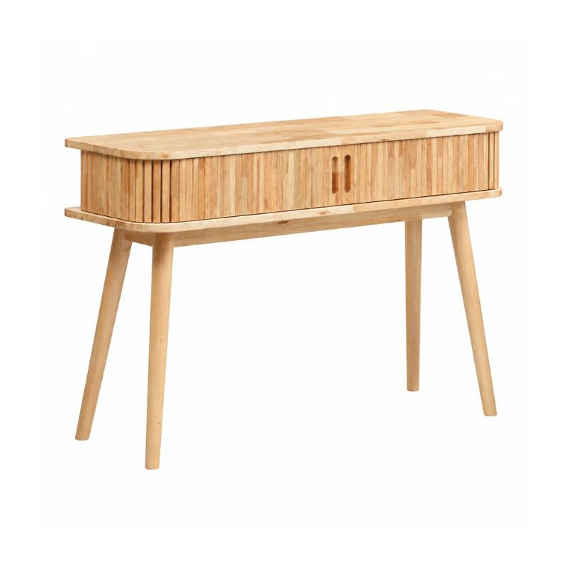 Sage Fluted Sliding Door Console Table in Natural with fluted doors and tapered legs