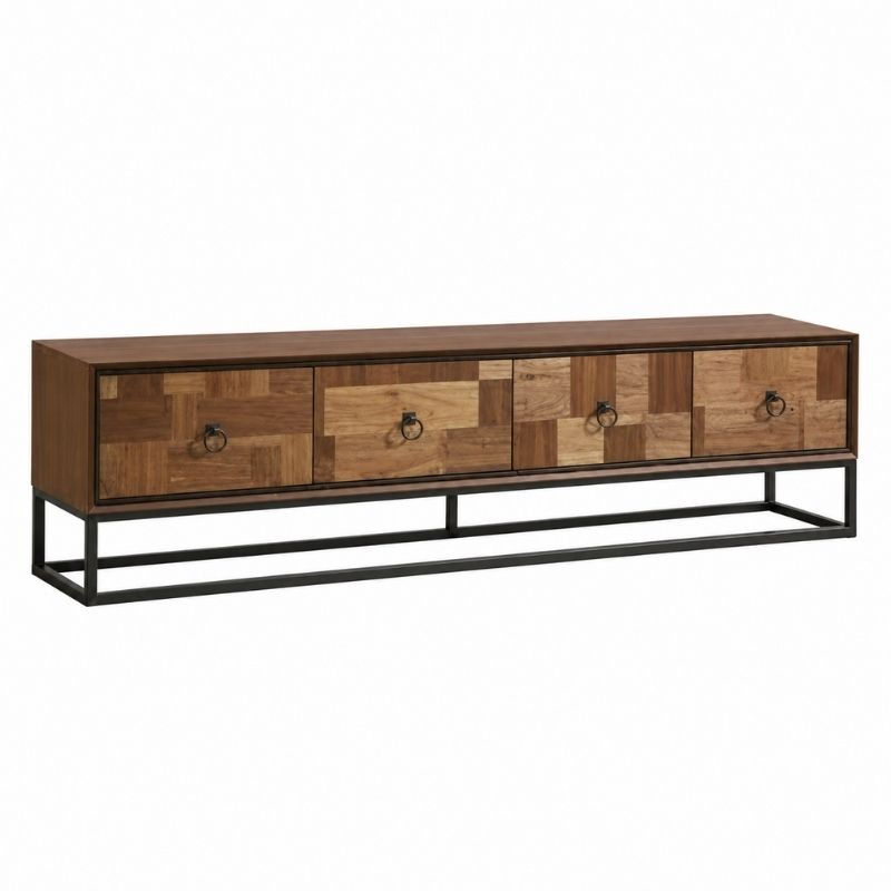 Maidera TV Cabinet with patchwork wood veneer drawer fronts, ring handles and a matt black metal frame