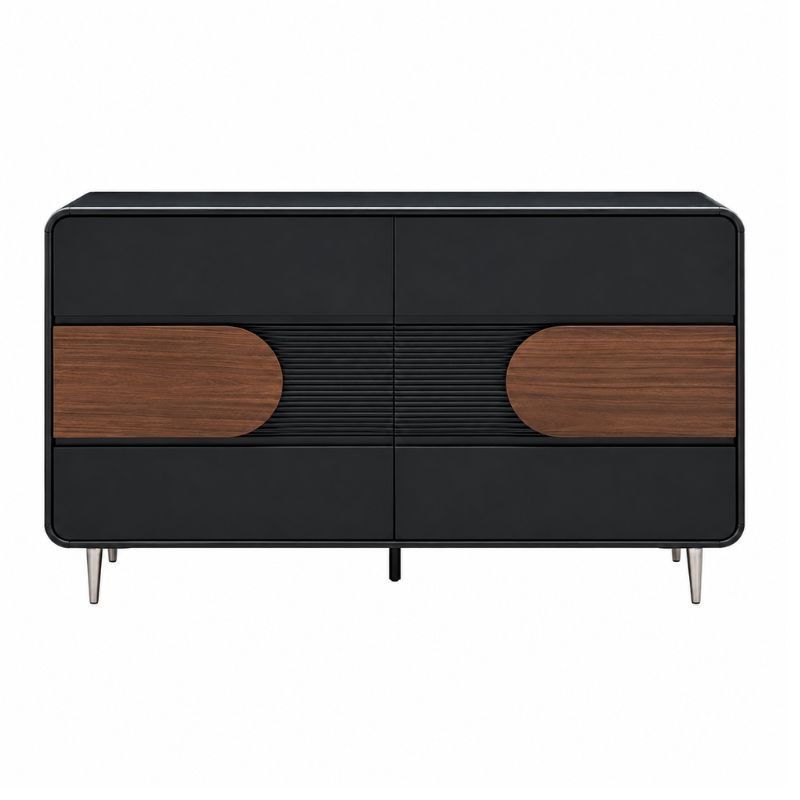 Front view of the Solene 6-Drawer Sideboard in Black and Walnut with a ribbed centre design