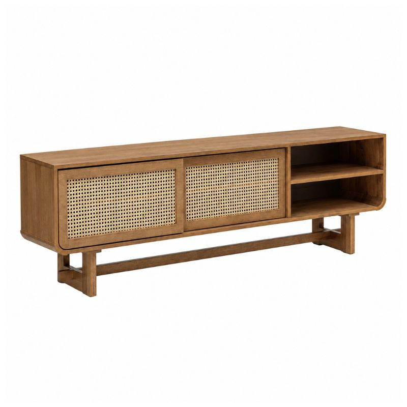 Mako TV Cabinet with PE rattan cane sliding doors, open shelves and a warm wood finish