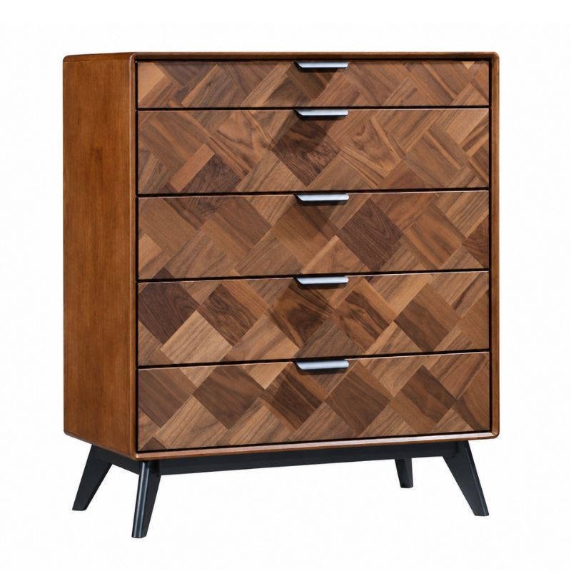 Aloha Chest of Drawers with Herringbone Wood Pattern and Black Legs