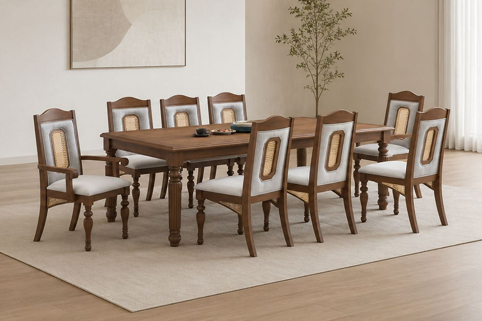 Ashford Classic 8 Seater Solid Wood Dining Table Set with Upholstered Rattan Chairs