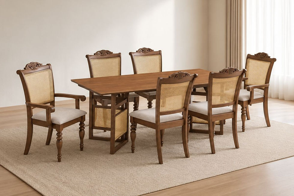 Colonial solid wood rattan dining table set, featuring handwoven rattan backrest dining chairs.