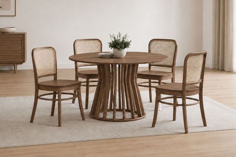 Pakio Walnut Round Solid Wood Dining Table Set with Rattan Dining Chairs