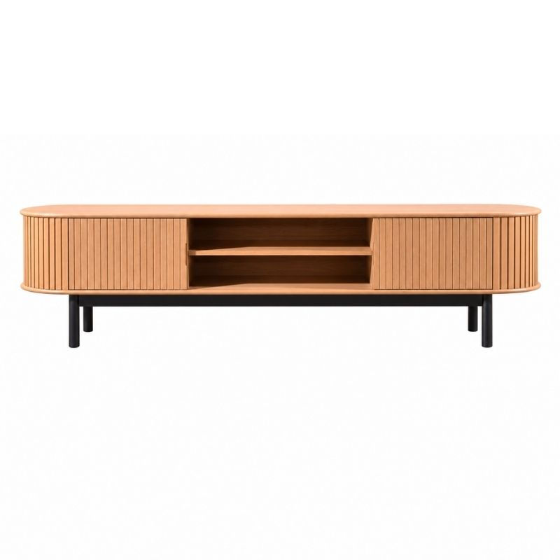 Lorine TV Cabinet with natural wood finish, vertical fluted doors, open central shelves and black legs