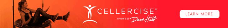 Woman exercising on a trampoline against an orange gradient background. Text reads: "CELLERCISE created by DAVE HALL." Button says "LEARN MORE."