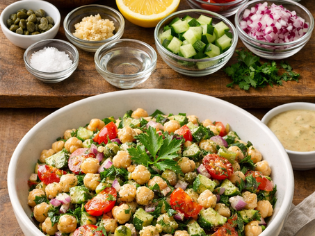 Fresh plant-based chickpea salad in a ceramic bowl made with chickpeas, cucumber, cherry tomatoes, red onion, fresh herbs, capers, and a lemon-tahini dressing, with raw ingredients displayed above on a wooden surface