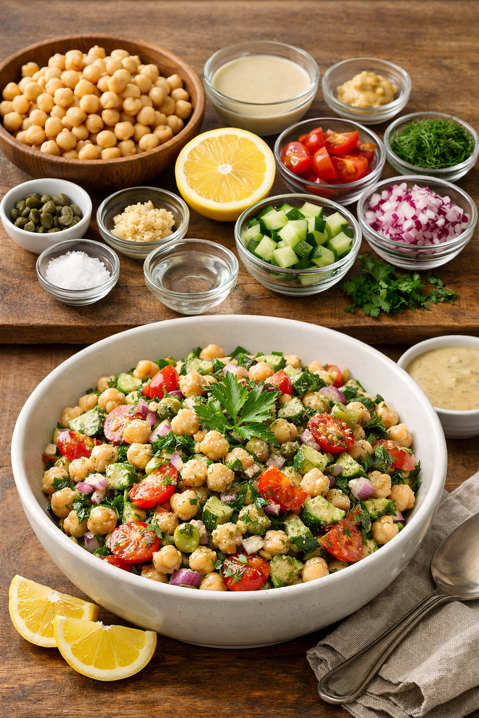 Fresh plant-based chickpea salad in a ceramic bowl made with chickpeas, cucumber, cherry tomatoes, red onion, fresh herbs, capers, and a lemon-tahini dressing, with raw ingredients displayed above on a wooden surface