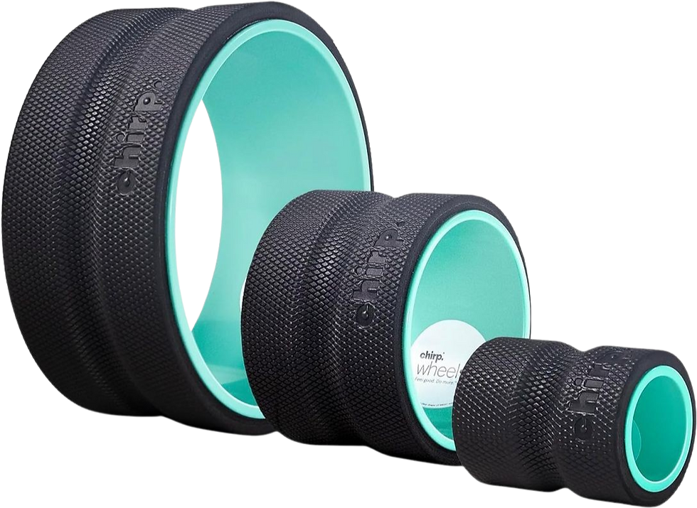 Three black yoga wheels with textured surfaces, turquoise interiors, labeled "chirp." Displayed from largest to smallest on a white background.