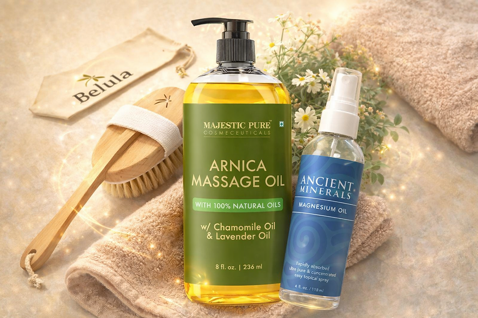 Bottles of Arnica Massage Oil and Magnesium Oil on a towel with a wooden brush, flowers, and a Belula bag in a serene setting.