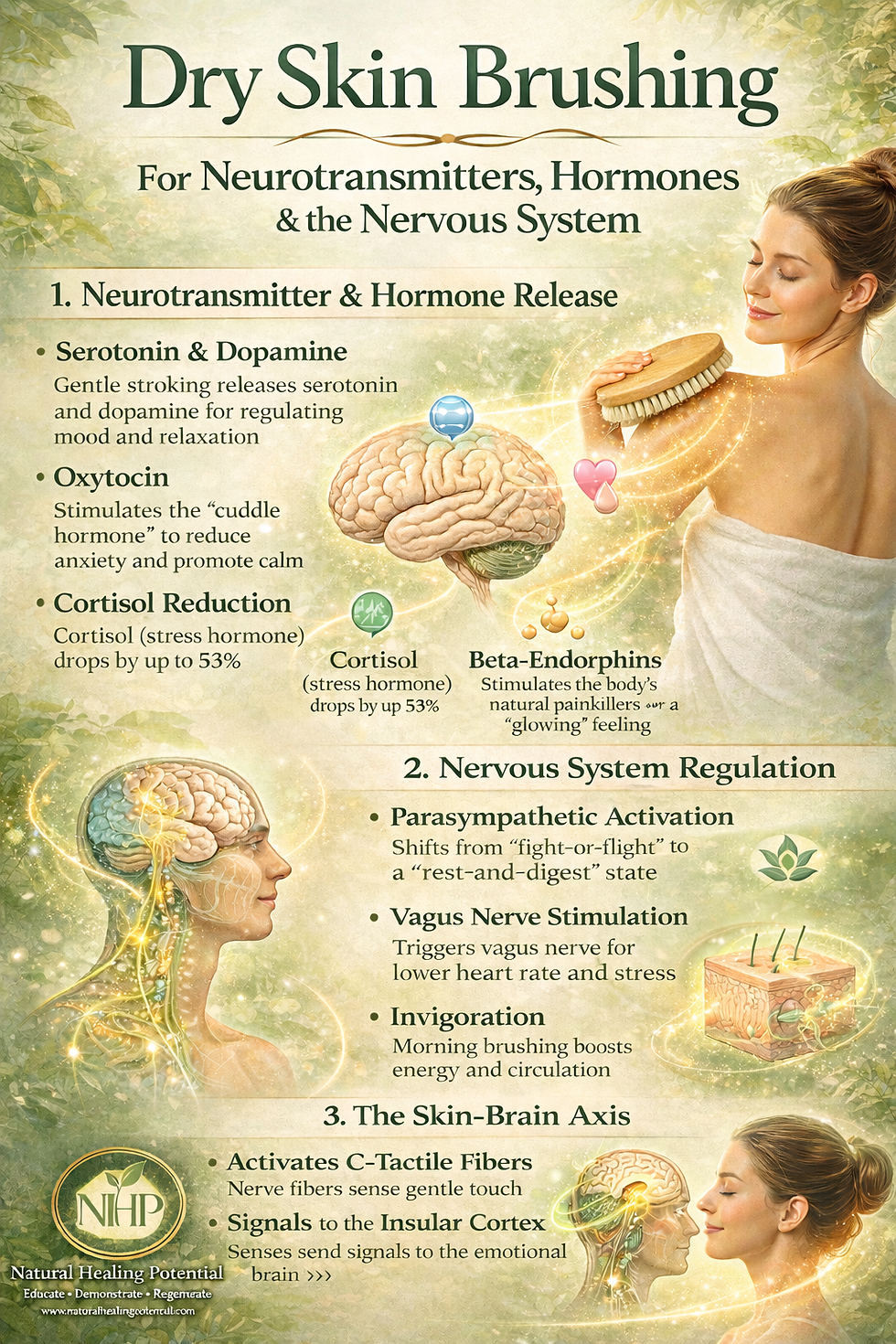 Dry skin brushing infographic illustrating the skin–brain connection, nervous system balance, and mood support through gentle tactile stimulation and sensory nerve activation.