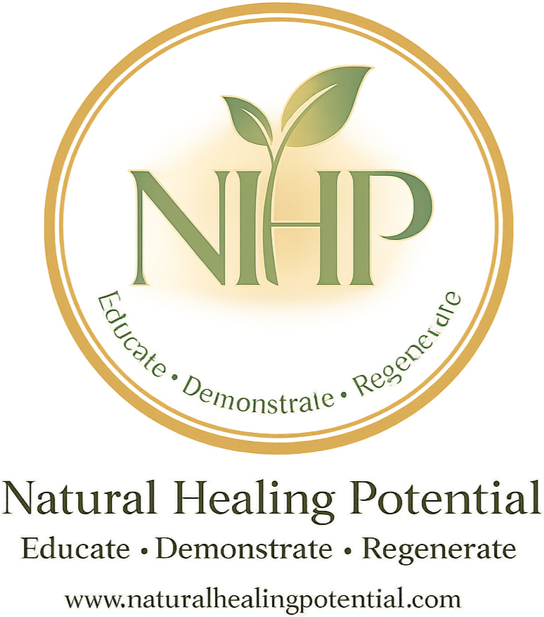 Logo with "NHP" and a leaf on a beige circle. Text: "Natural Healing Potential," "Educate • Demonstrate • Regenerate," and website link.