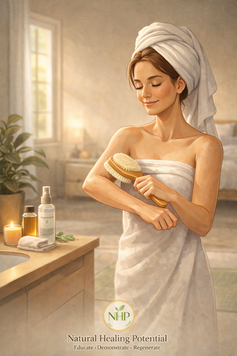 A woman wrapped in a towel smiles while using a brush on her arm. She's in a bathroom with candles, oils, and a serene atmosphere. Text: "Natural Healing Potential."