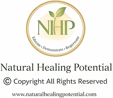 Logo featuring NHP with a leaf, surrounded by "Educate, Demonstrate, Regenerate." Text below: "Natural Healing Potential." Calm, organic theme.