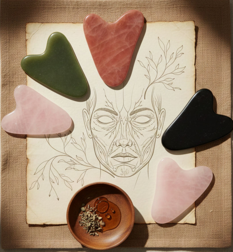 Heart-shaped gua sha tools in pink, green, and black surround an anatomical face sketch on parchment. Herbs and oil in a wooden bowl.
