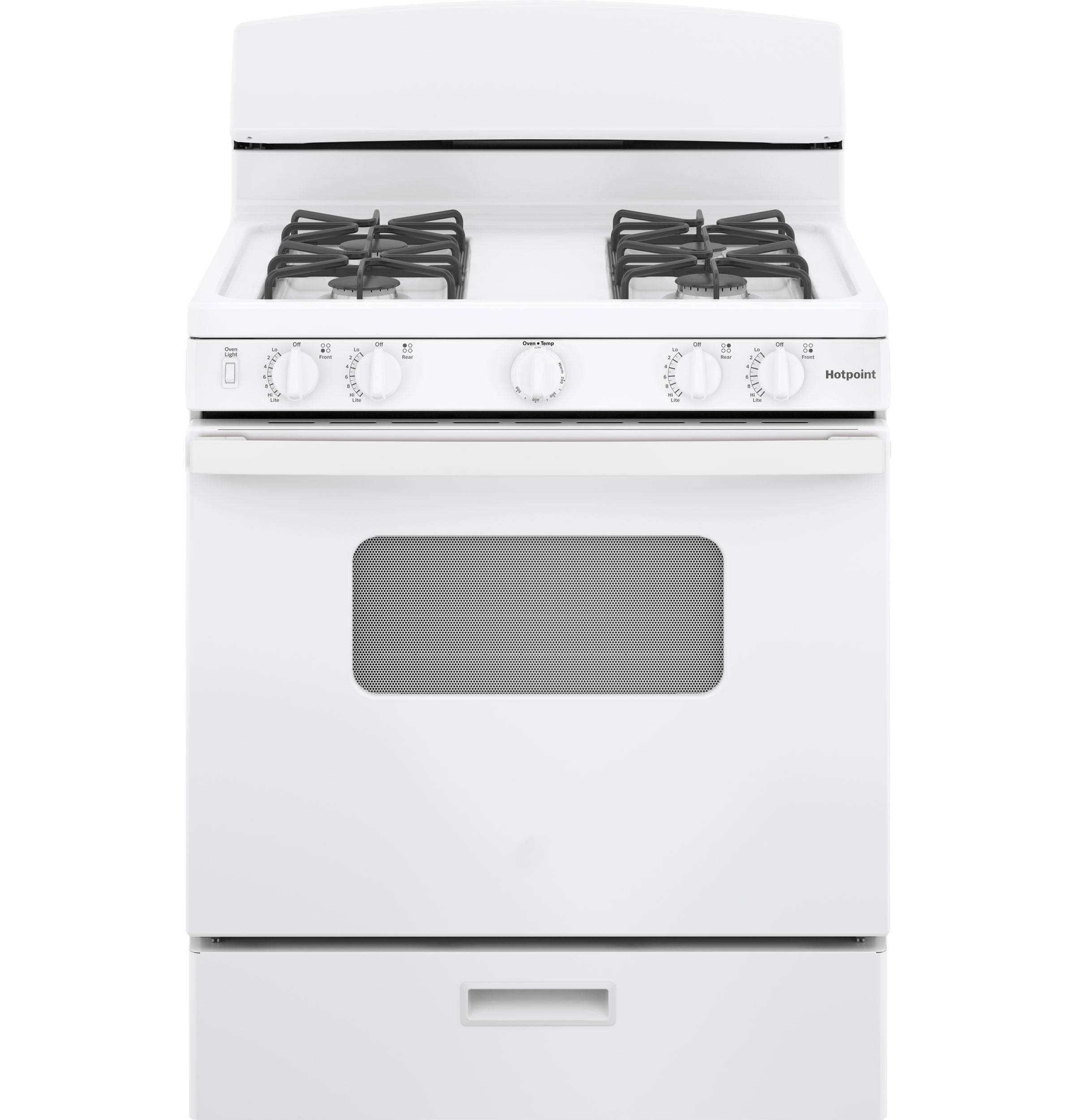 Cocina de gas independiente GE de 76 cm (30 pulgadas) y 136 litros (4.8 pies cúbicos) en color blanco.