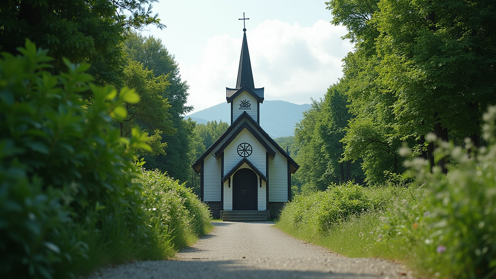 Eye-level view of the Church of Kami-chan surrounded by greenery