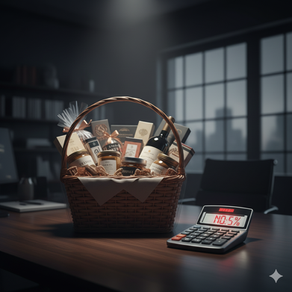 一張現代辦公桌上擺放著一個裝滿多種高檔商品(如紅酒、罐裝食品等)的精緻禮品籃。禮品籃旁有一台計算機,其數位顯示螢幕上清晰地呈現「NO 5%」的紅色字樣。圖片採用寫實風格,景深較淺,營造出企業辦公室的氛圍,並透過戲劇性的光影強調禮品進項稅額不可扣抵的訊息。