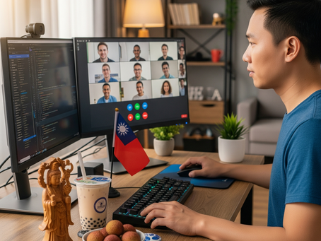 這是一位台灣工程師在家中工作的示意圖,他正在透過視訊會議與外國同事交流,螢幕上顯示著程式碼,桌上擺放著台灣特色小物。