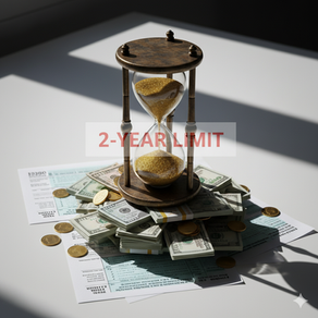 一張從高角度拍攝的特寫照片，中央是一個復古的金色沙漏，沙子正在快速流向底部，沙漏中清晰可見「2-YEAR LIMIT」的文字標籤。沙漏底部堆滿了美金鈔票、金幣和多份稅務表格。整個畫面採概念性風格，光線戲劇化，背景為現代簡約的白色桌面，暗示時間與稅務規劃的緊密關係。