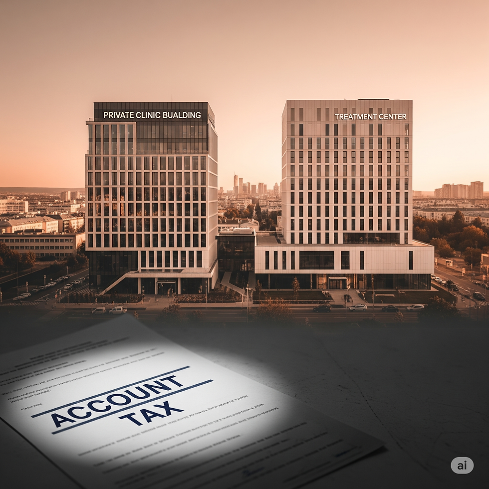 圖片上方是兩棟現代化的深色高樓建築,左邊的建築物頂部寫著「PRIVATE CLINIC BUILDING」,右邊的建築物頂部寫著「TREATMENT CENTER」。兩棟建築物下方有城市景觀和街道。圖片下方是放大的稅務文件,文件上用大寫粗體字寫著「ACCOUNT TAX」。