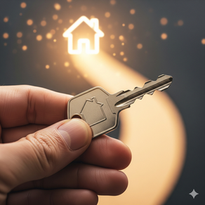 一隻手特寫握著一把鑰匙,鑰匙柄上有著房屋的形狀。背景是模糊且發光的道路,引導向一個發光的房屋圖標,象徵著通往擁有房屋的清晰道路。整體氛圍充滿希望與樂觀。