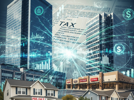 這張拼貼風格的圖片呈現了多元的房地產類型,包括現代化的公司大樓、預售屋住宅和商業零售綜合體,這些建築都被一個由藍綠色光線組成的複雜網絡所包圍,象徵著這些資產都受到新的稅務法規的規範。